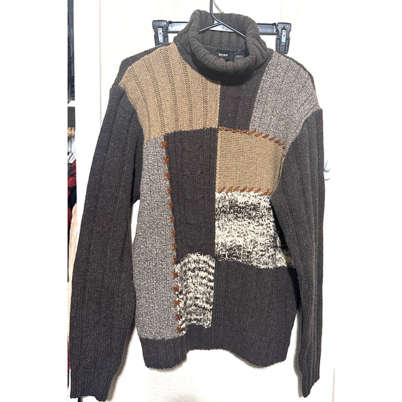 HUGO BOSS Mens Turtleneck Sweater Brown Colorblock Wool Silk ribbed cable Italy - Picture 1 of 7